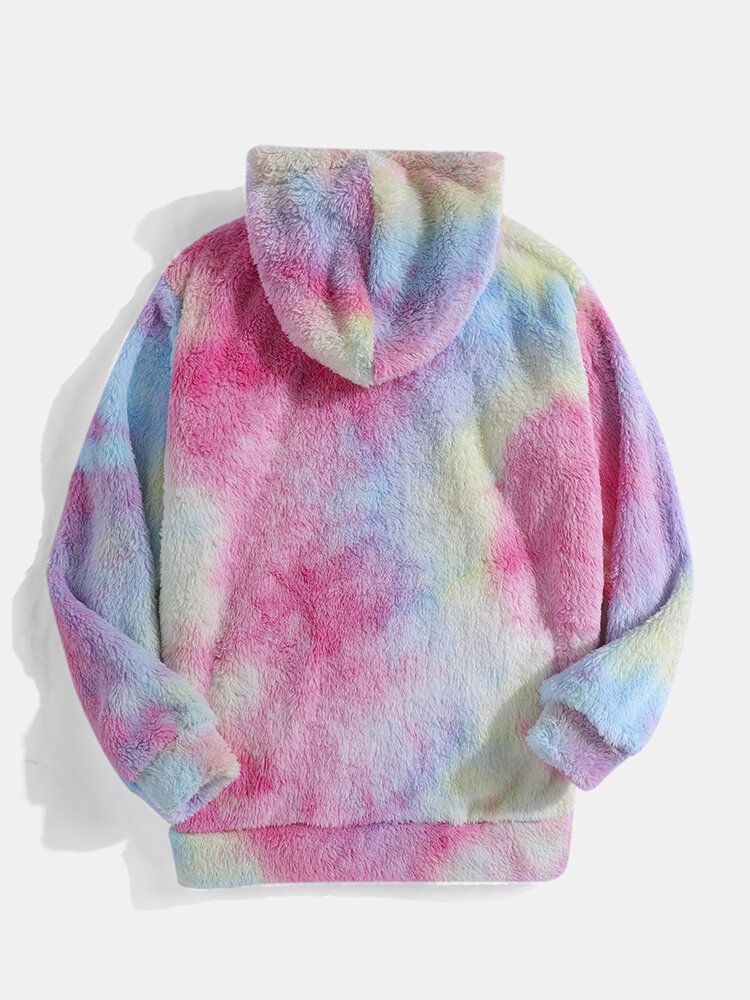 Sudadera Con Capucha Mullida De Manga Larga De Felpa De Teñido Anudado Colorido Para Hombre Con Bolsillo