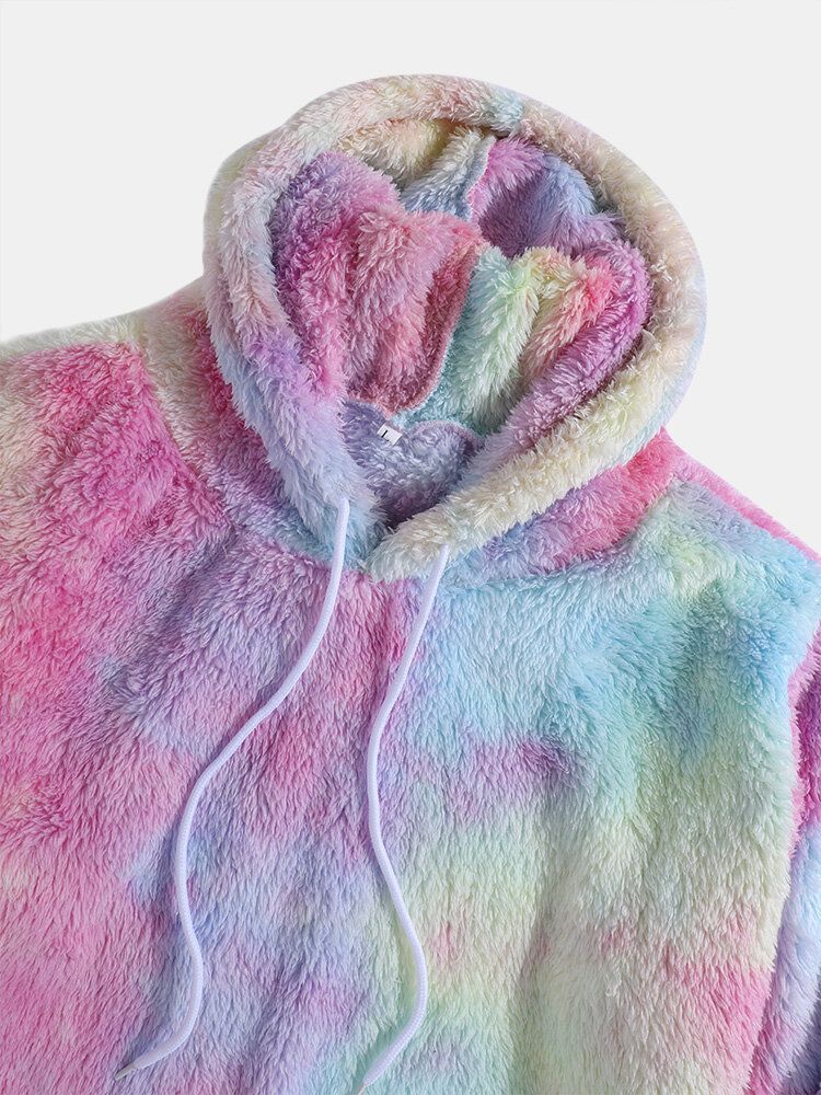 Sudadera Con Capucha Mullida De Manga Larga De Felpa De Teñido Anudado Colorido Para Hombre Con Bolsillo