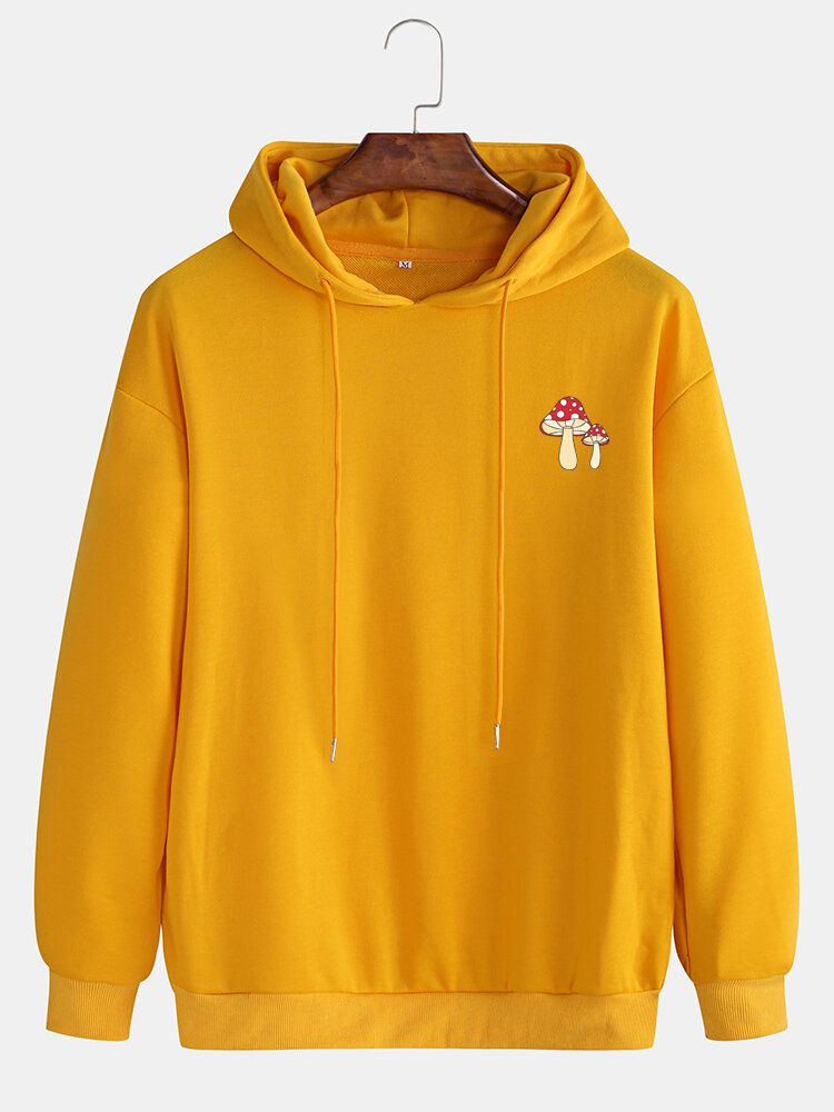 Sudadera Con Capucha Suelta Con Cordón De Color Sólido Con Estampado De Setas En El Pecho Para Hombre