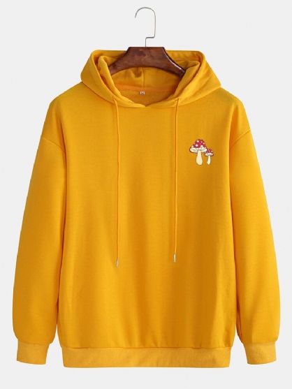 Sudadera Con Capucha Suelta Con Cordón De Color Sólido Con Estampado De Setas En El Pecho Para Hombre