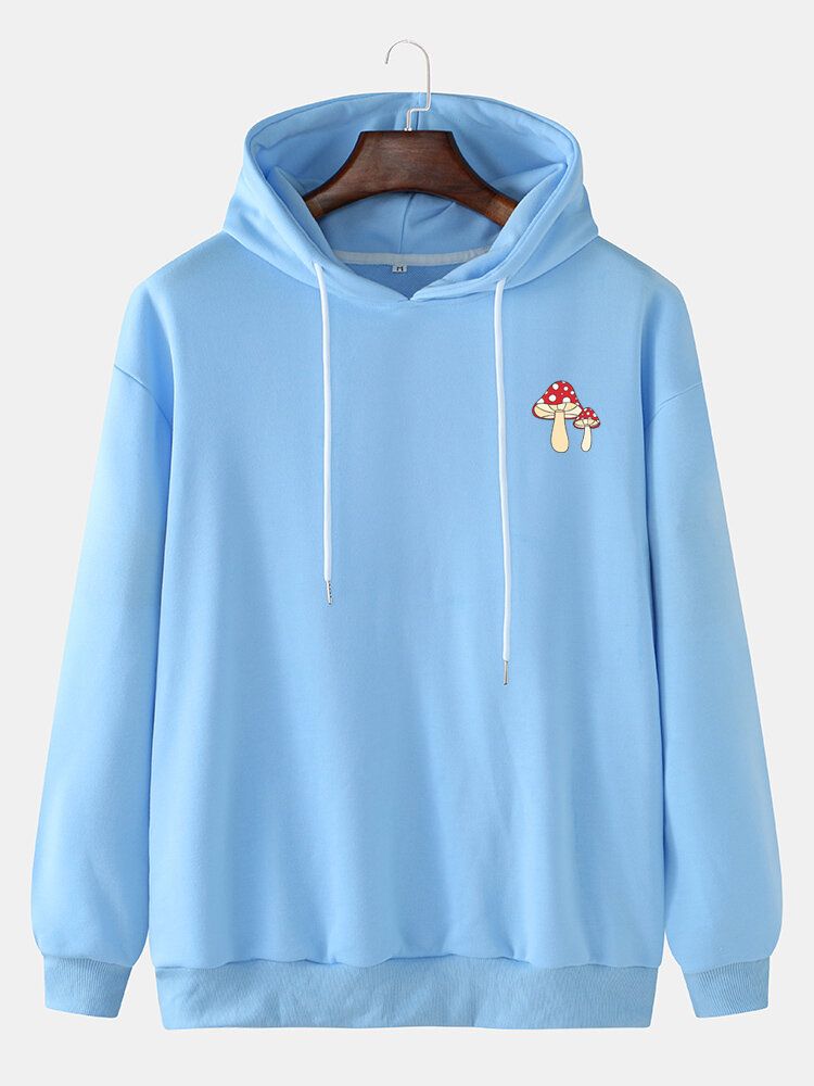 Sudadera Con Capucha Suelta Con Cordón De Color Sólido Con Estampado De Setas En El Pecho Para Hombre