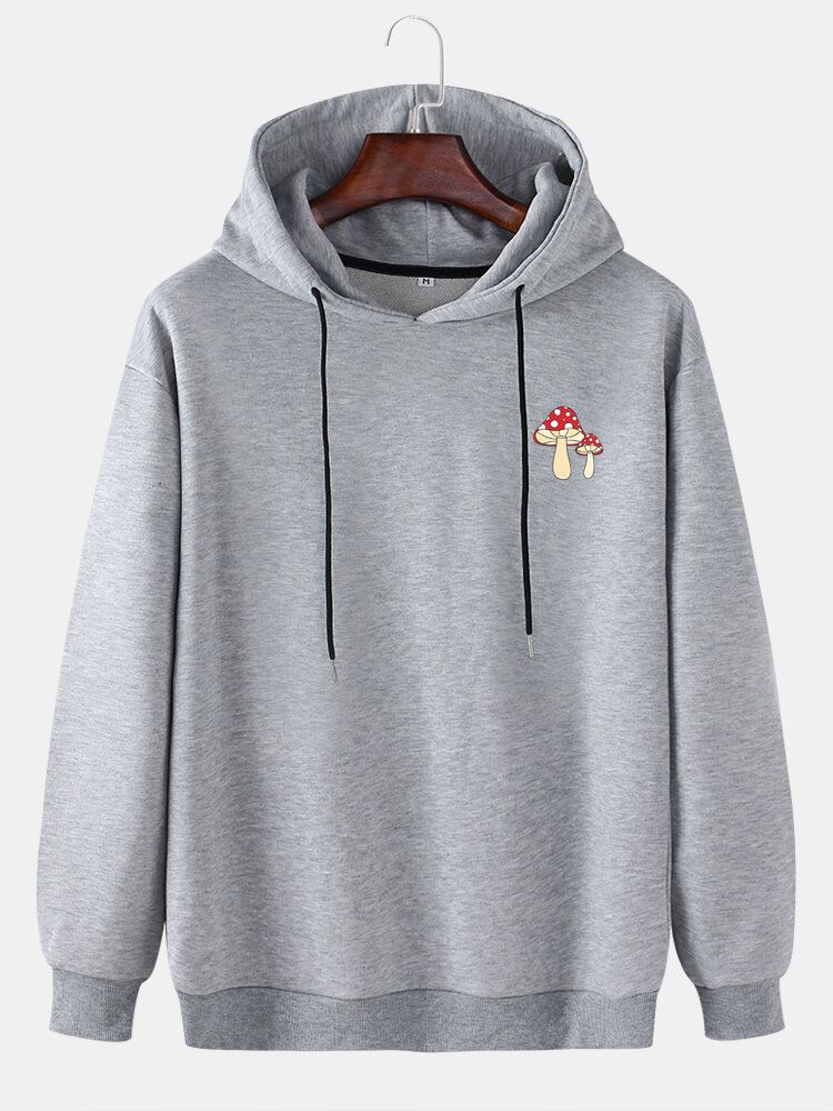 Sudadera Con Capucha Suelta Con Cordón De Color Sólido Con Estampado De Setas En El Pecho Para Hombre