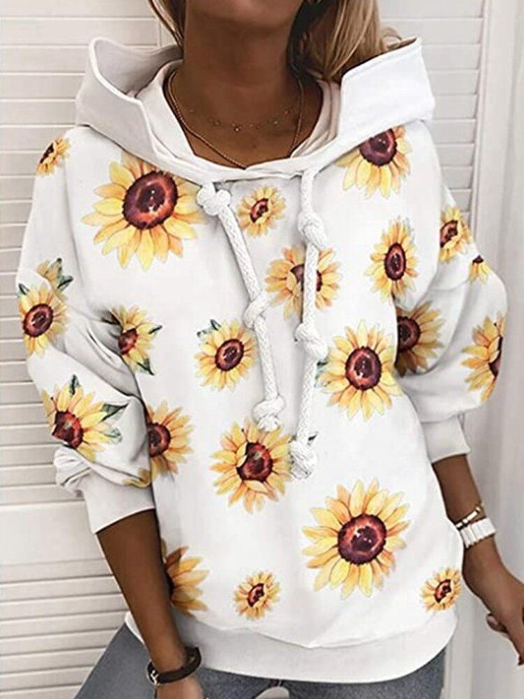 Sudadera Con Capucha Suelta Con Cordón Informal Y Estampado De Rayas Florales Para Mujer