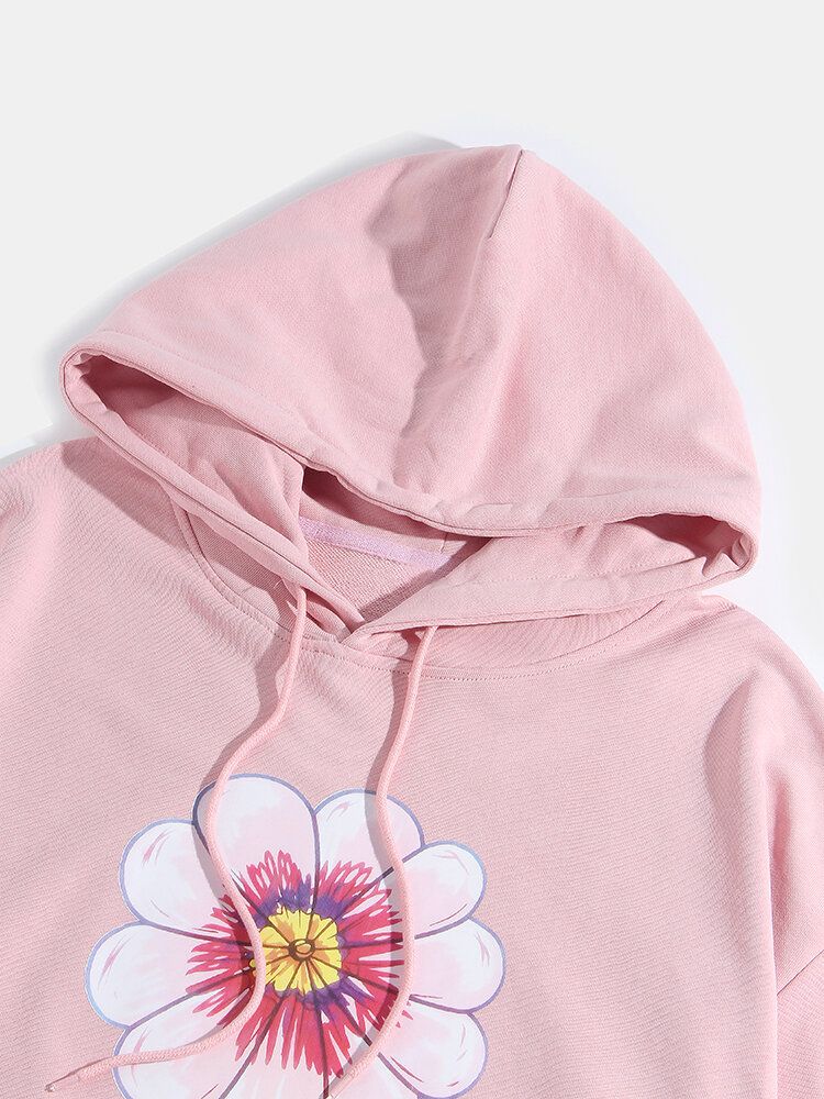 Sudadera Con Capucha Suelta Con Cordón Suelto Informal De Algodón Con Estampado De Pecho De Flores Para Hombre