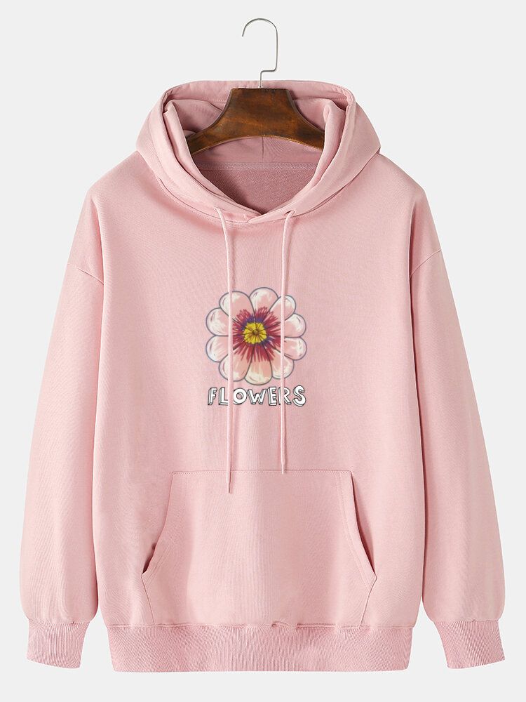 Sudadera Con Capucha Suelta Con Cordón Suelto Informal De Algodón Con Estampado De Pecho De Flores Para Hombre