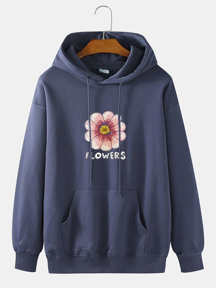 Sudadera Con Capucha Suelta Con Cordón Suelto Informal De Algodón Con Estampado De Pecho De Flores Para Hombre