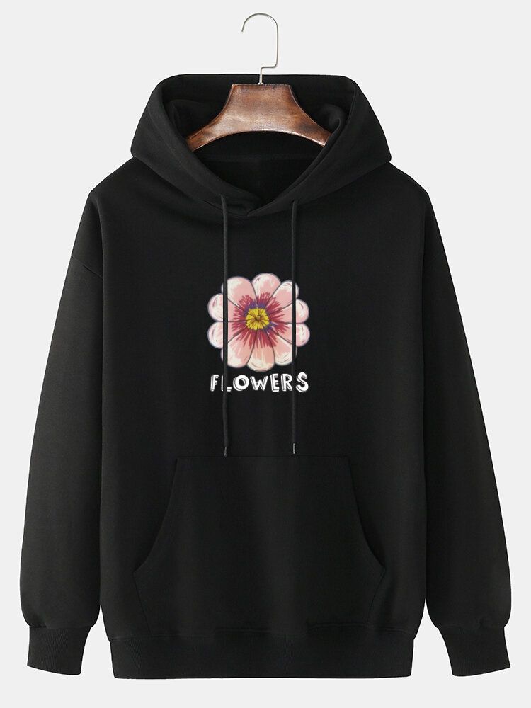 Sudadera Con Capucha Suelta Con Cordón Suelto Informal De Algodón Con Estampado De Pecho De Flores Para Hombre