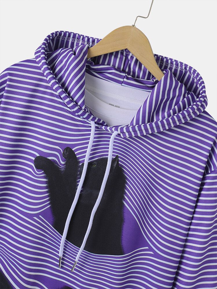 Sudadera Con Capucha Suelta Diaria Con Cordón Y Estampado De Gato A Rayas 3d Para Hombre