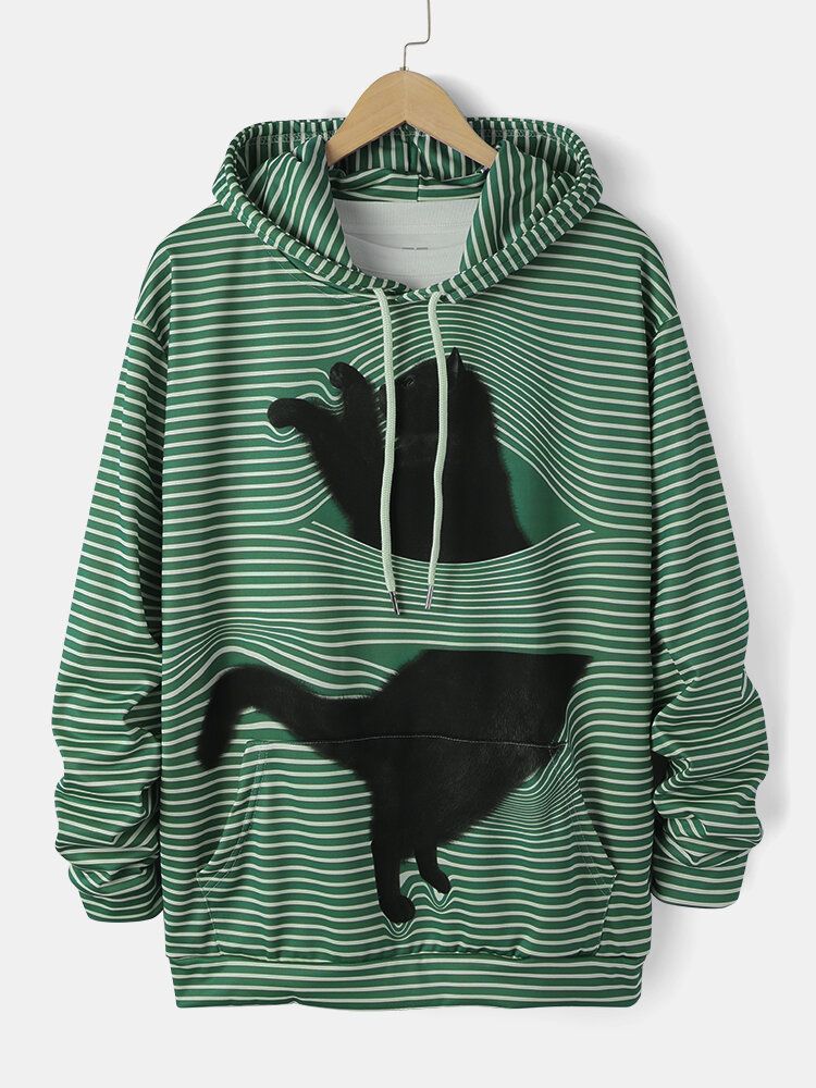 Sudadera Con Capucha Suelta Diaria Con Cordón Y Estampado De Gato A Rayas 3d Para Hombre