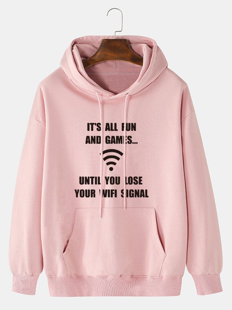 Sudadera Con Capucha Suelta Con Estampado De Eslogan Wifi 100% Algodón Para Hombre Con Bolsillo Canguro