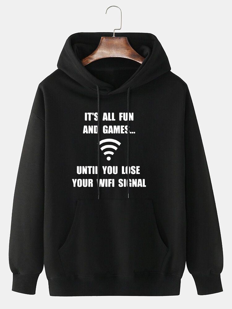 Sudadera Con Capucha Suelta Con Estampado De Eslogan Wifi 100% Algodón Para Hombre Con Bolsillo Canguro