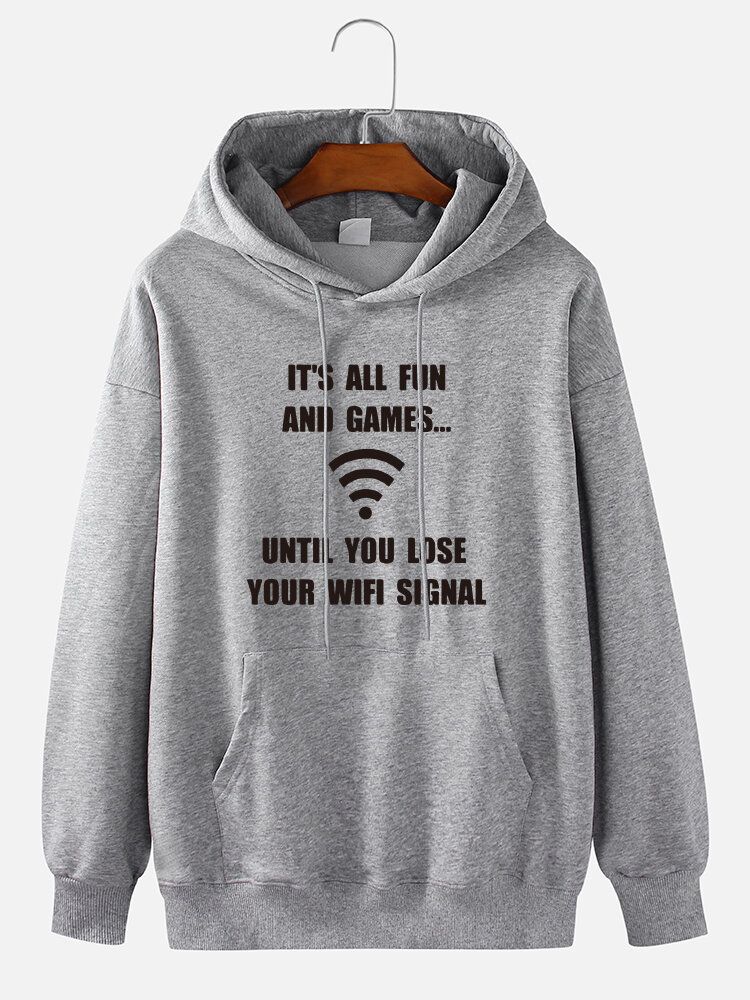 Sudadera Con Capucha Suelta Con Estampado De Eslogan Wifi 100% Algodón Para Hombre Con Bolsillo Canguro