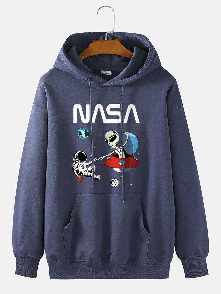 Sudadera Con Capucha Suelta Informal 100% Algodón Con Estampado De Dibujos Animados Alienígena Astronauta Para Hombre