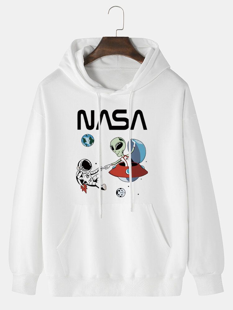 Sudadera Con Capucha Suelta Informal 100% Algodón Con Estampado De Dibujos Animados Alienígena Astronauta Para Hombre