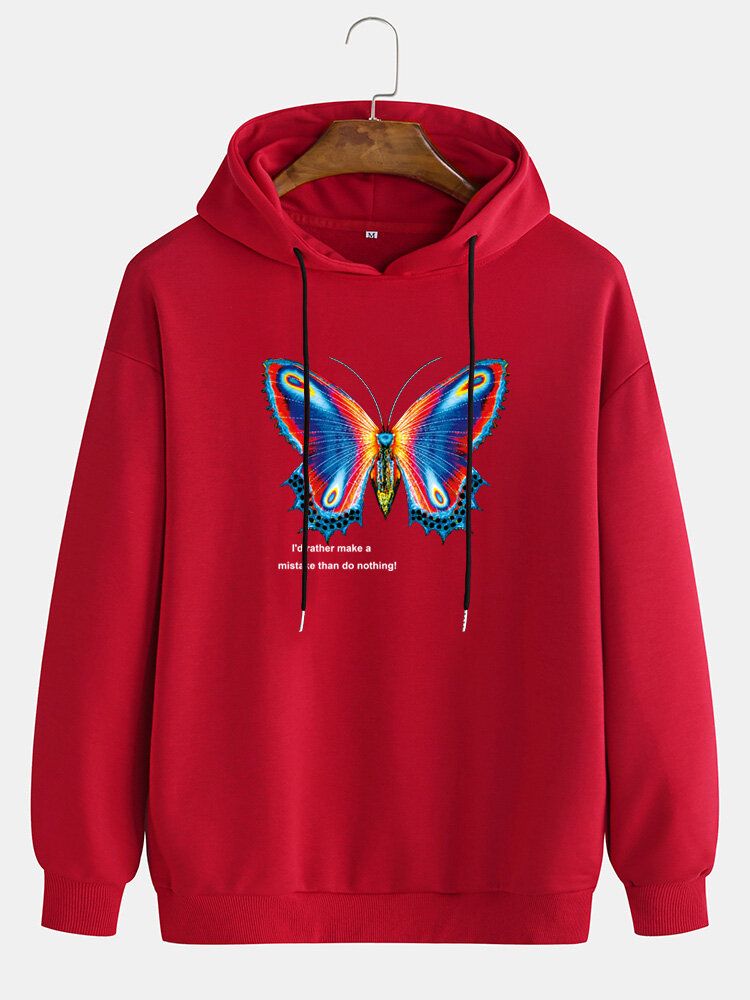 Sudadera Con Capucha Y Cordón De Color Sólido Con Estampado Gráfico De Mariposa Colorida Para Hombre