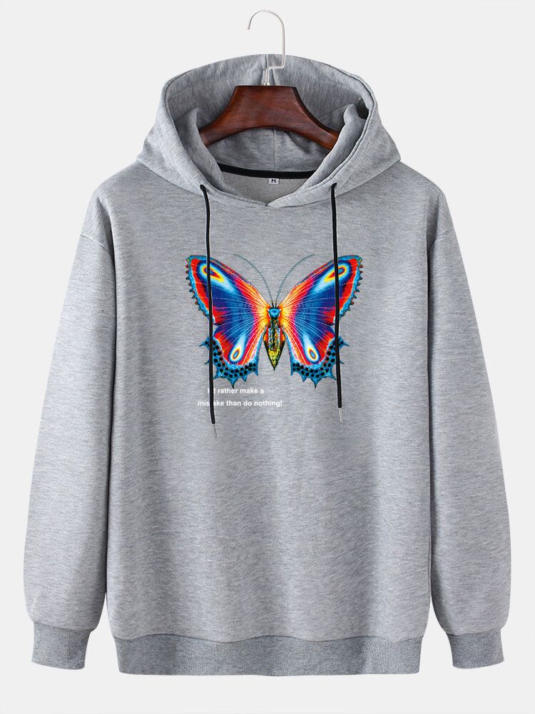 Sudadera Con Capucha Y Cordón De Color Sólido Con Estampado Gráfico De Mariposa Colorida Para Hombre