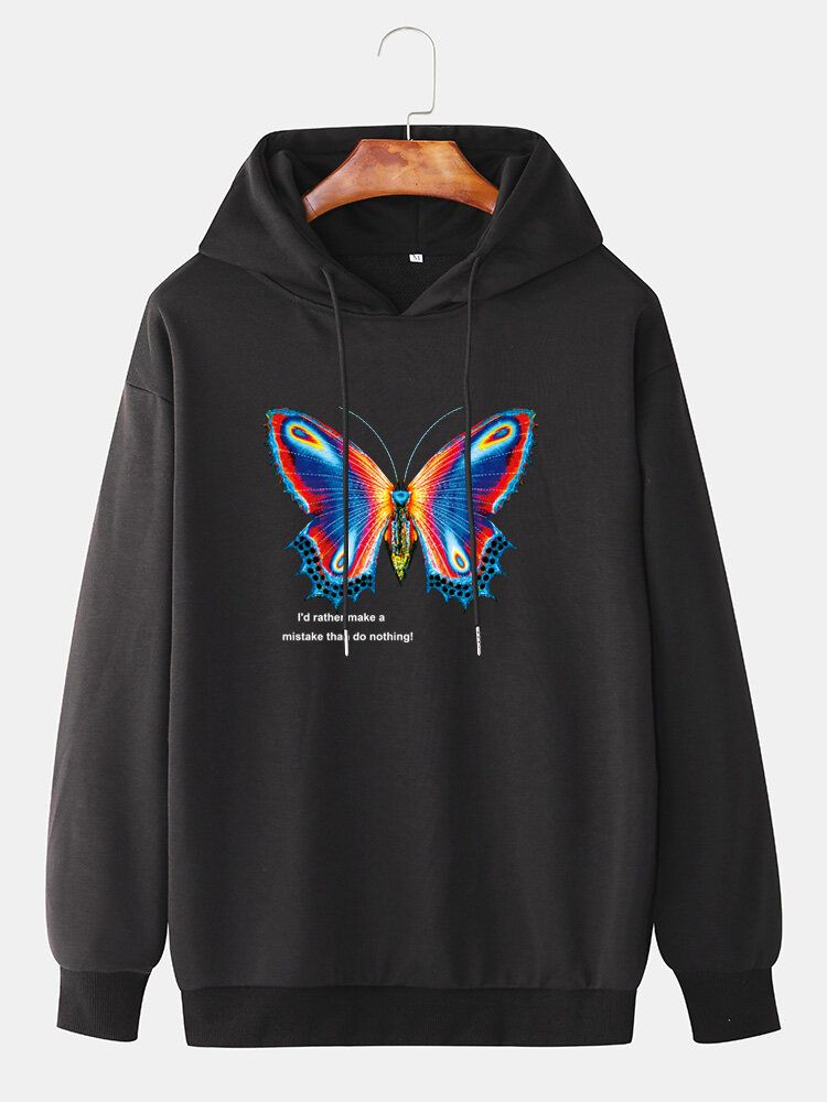 Sudadera Con Capucha Y Cordón De Color Sólido Con Estampado Gráfico De Mariposa Colorida Para Hombre