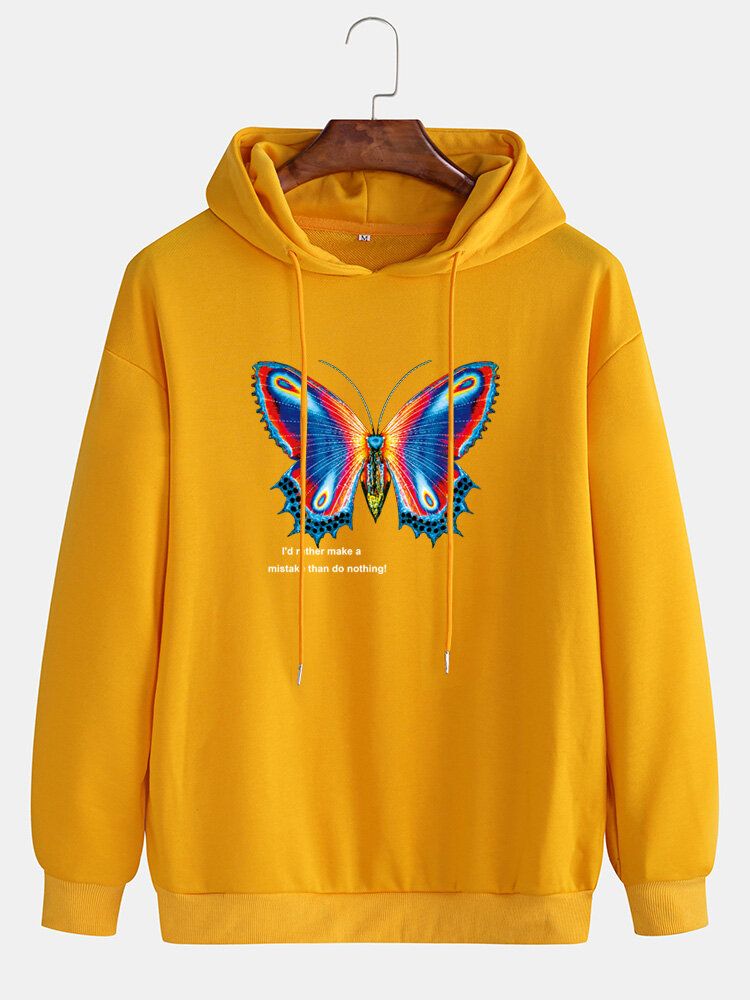 Sudadera Con Capucha Y Cordón De Color Sólido Con Estampado Gráfico De Mariposa Colorida Para Hombre