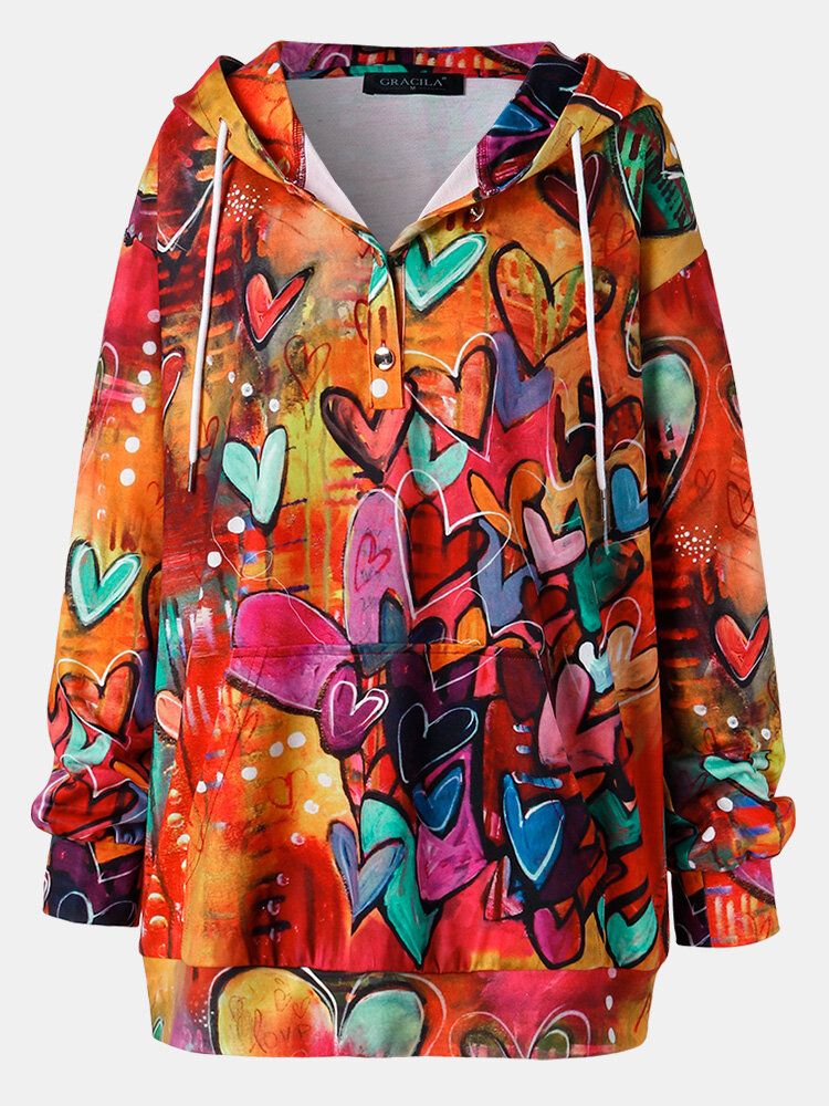 Sudadera Con Capucha Y Cordón De Manga Larga Con Estampado De Corazón De Graffiti Colorido Para Mujer Con Bolsillo De Canguro