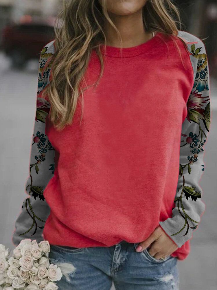 Sudadera Con Cuello Redondo Y Manga Raglán De Patchwork Floral Para Mujer