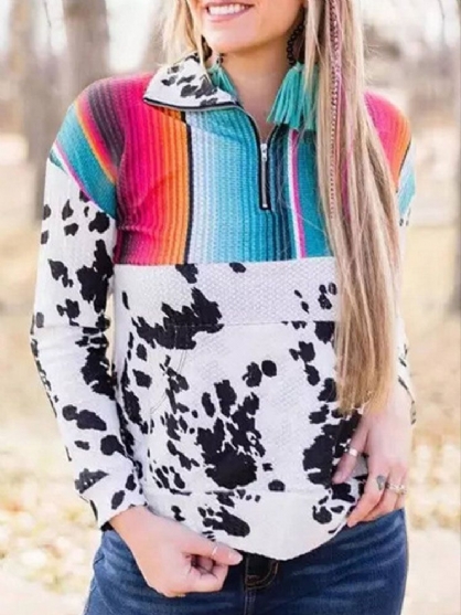 Sudadera Con Media Cremallera De Patchwork A Rayas Multicolor De Vaca Para Mujer Con Bolsillo De Canguro