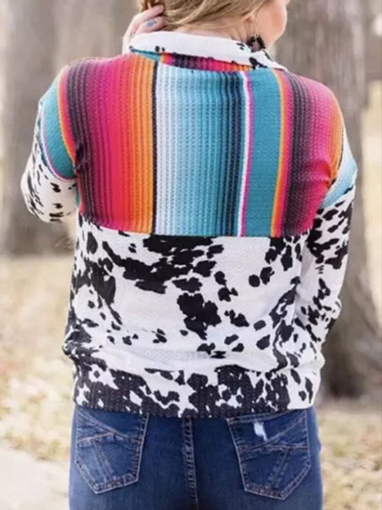 Sudadera Con Media Cremallera De Patchwork A Rayas Multicolor De Vaca Para Mujer Con Bolsillo De Canguro