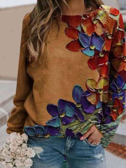 Sudadera Informal De Manga Larga Con Cuello Redondo Y Estampado De Flores Coloridas Para Mujer