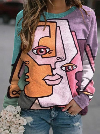 Sudadera De Manga Larga Casual Con Cuello Redondo Y Estampado De Figuras Abstractas Coloridas Para Mujer