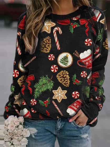 Sudadera De Manga Larga Con Cuello Redondo Y Estampado De Navidad Para Mujer