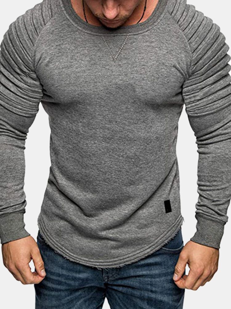 Sudadera De Manga Larga Con Cuello Redondo Y Hombros Plisados De Color Sólido Para Hombre