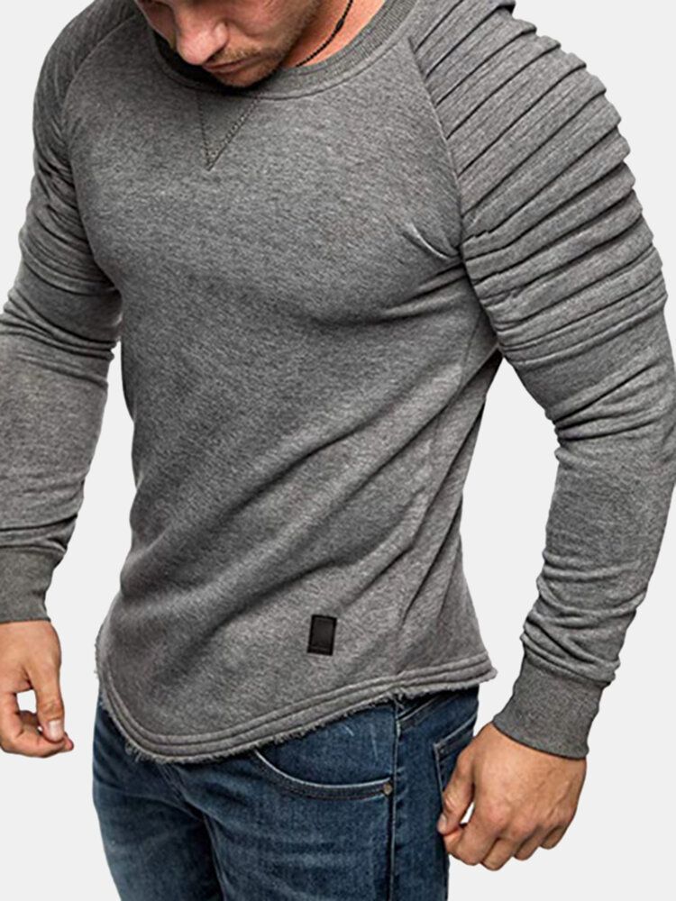 Sudadera De Manga Larga Con Cuello Redondo Y Hombros Plisados De Color Sólido Para Hombre