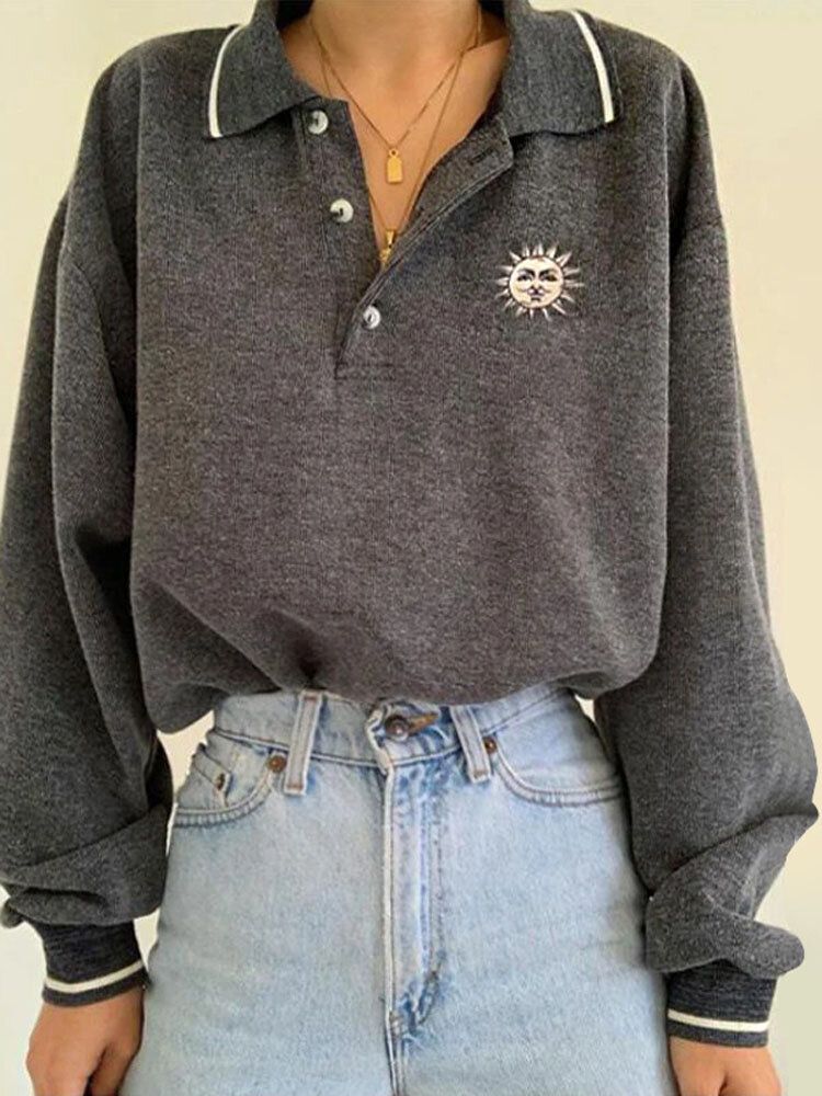 Sudadera De Manga Larga Con Solapa Con Botón De Sol Divertido Para Mujer