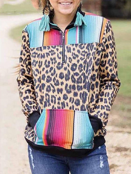 Sudadera De Media Cremallera Con Estampado De Leopardo A Rayas De Arco Iris De Colores Con Bolsillo De Canguro Para Mujer