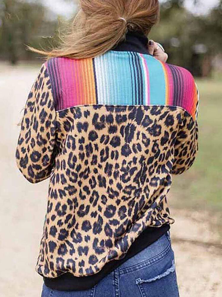 Sudadera De Media Cremallera Con Estampado De Leopardo A Rayas De Arco Iris De Colores Con Bolsillo De Canguro Para Mujer