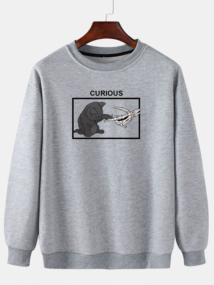 Sudadera Suelta Informal Con Cuello Redondo Y Estampado Gráfico De Gato Curioso Para Hombre