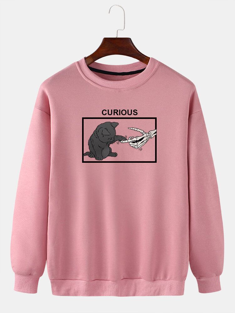 Sudadera Suelta Informal Con Cuello Redondo Y Estampado Gráfico De Gato Curioso Para Hombre