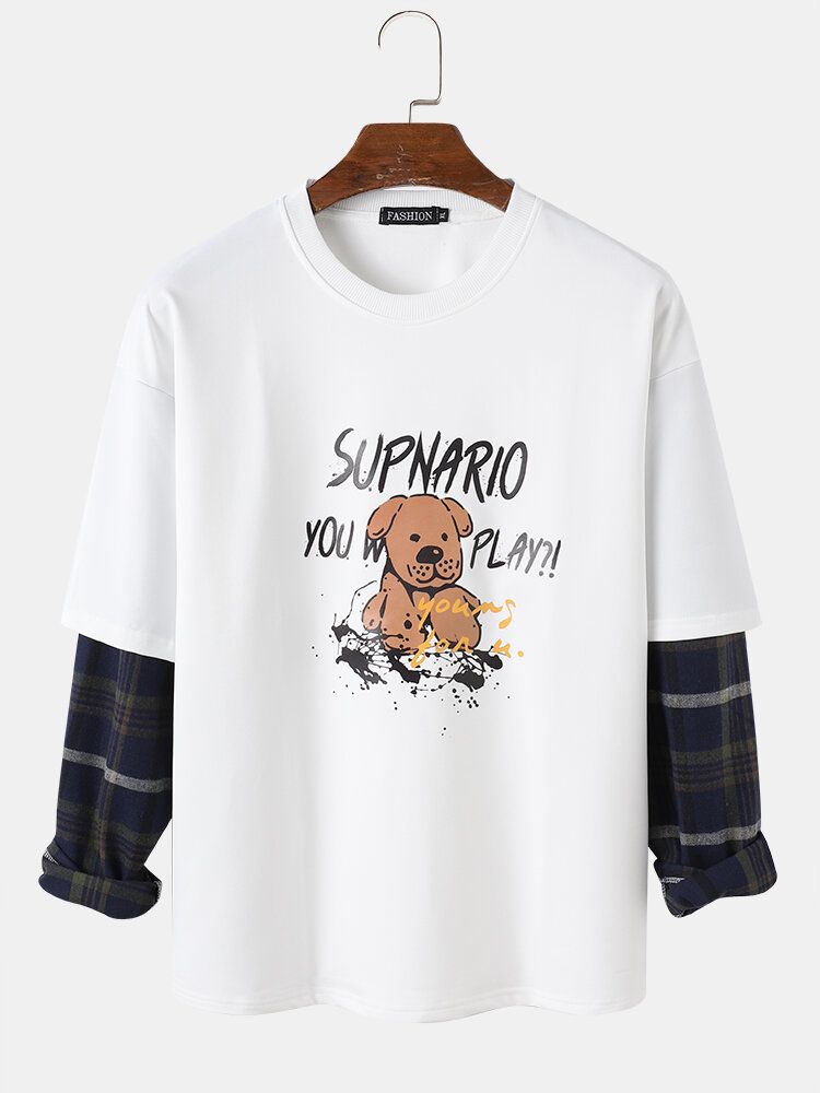 Sudaderas A Cuadros De Patchwork Con Hombros Caídos Y Estampado De Perro De Dibujos Animados Para Hombre