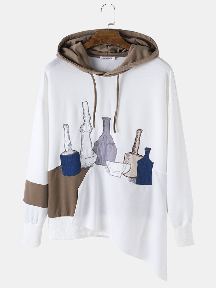 Sudaderas Asimétricas De Patchwork Bordadas Con Botellas Para Hombre