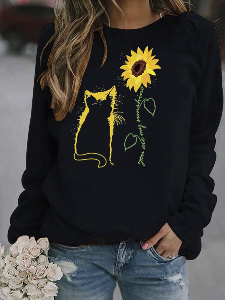 Sudaderas Casuales Con Cuello Redondo Y Estampado De Girasol Y Gato De Dibujos Animados Para Mujer