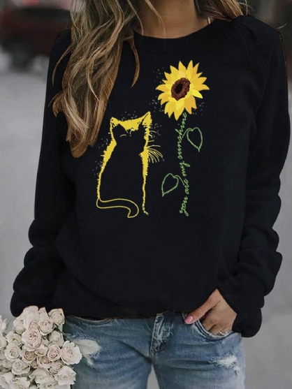 Sudaderas Casuales Con Cuello Redondo Y Estampado De Girasol Y Gato De Dibujos Animados Para Mujer