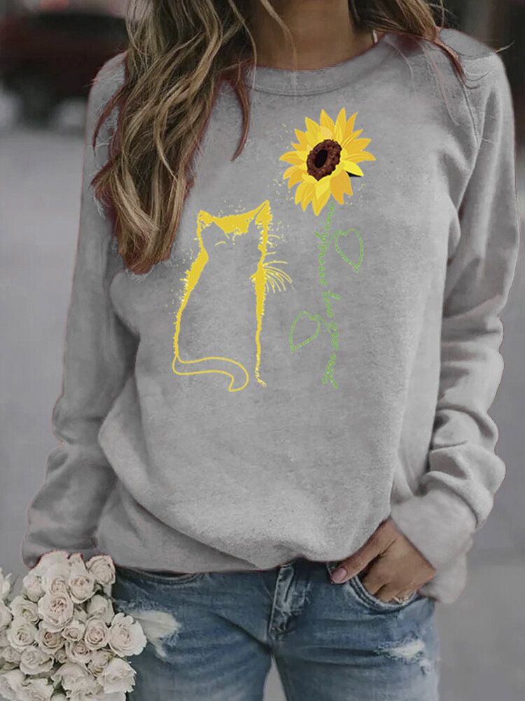 Sudaderas Casuales Con Cuello Redondo Y Estampado De Girasol Y Gato De Dibujos Animados Para Mujer