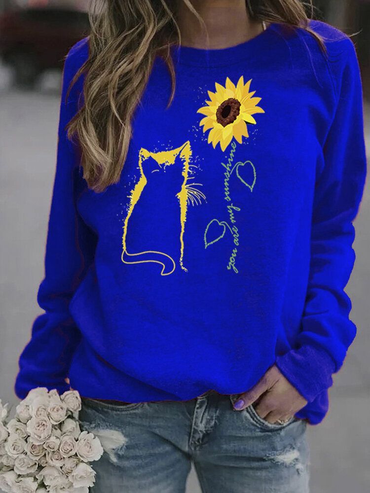 Sudaderas Casuales Con Cuello Redondo Y Estampado De Girasol Y Gato De Dibujos Animados Para Mujer