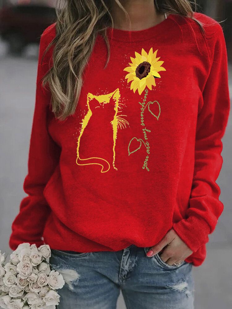 Sudaderas Casuales Con Cuello Redondo Y Estampado De Girasol Y Gato De Dibujos Animados Para Mujer