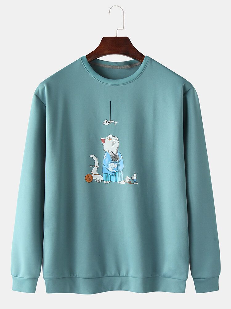 Sudaderas Casuales De Manga Larga Con Cuello Redondo Y Estampado De Gato Lindo Para Hombre