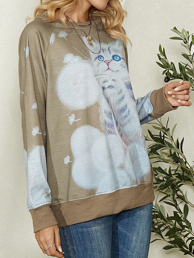 Sudaderas Casuales De Manga Raglán Con Cuello Redondo Y Estampado De Gato De Dibujos Animados Para Mujer