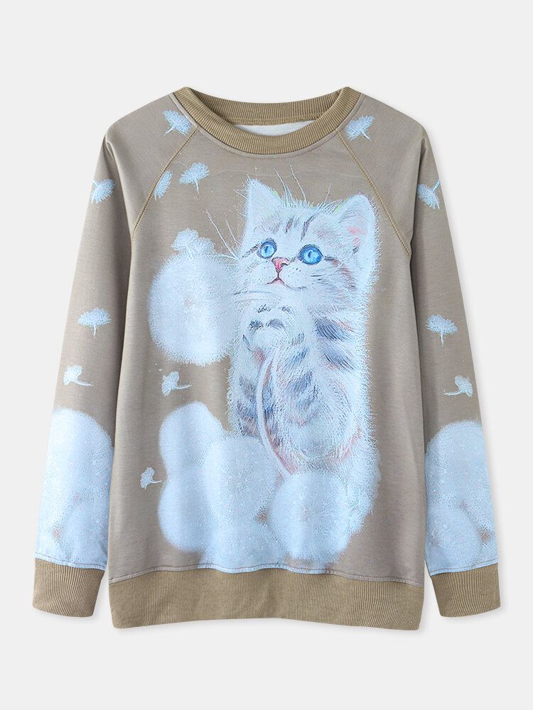 Sudaderas Casuales De Manga Raglán Con Cuello Redondo Y Estampado De Gato De Dibujos Animados Para Mujer