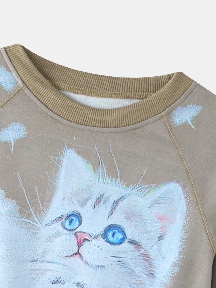 Sudaderas Casuales De Manga Raglán Con Cuello Redondo Y Estampado De Gato De Dibujos Animados Para Mujer