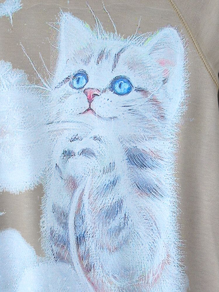 Sudaderas Casuales De Manga Raglán Con Cuello Redondo Y Estampado De Gato De Dibujos Animados Para Mujer