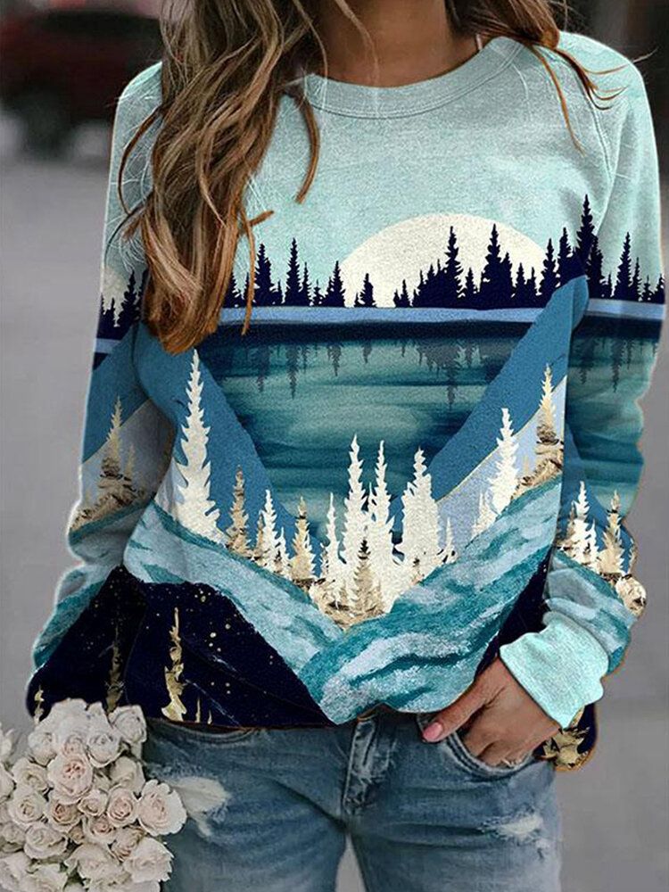 Sudaderas Casuales De Manga Raglán Con Cuello Redondo Y Estampado De Paisaje Para Mujer