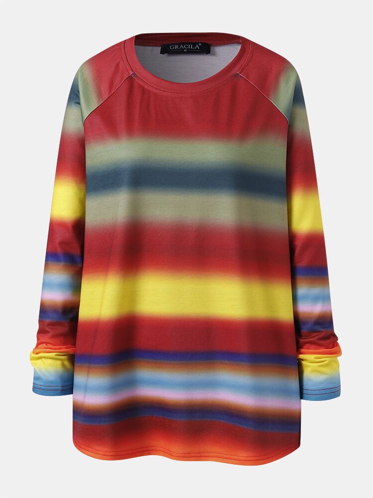 Sudaderas Casuales De Manga Raglán Con Cuello Redondo Y Rayas Ombre Multicolor Para Mujer